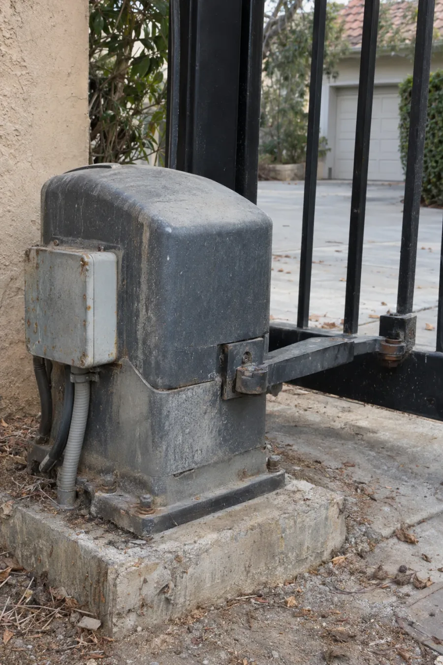 A worn swing gate opener motor mounted on a concrete pad beside a closed wrought iron driveway gate, with dust on the housing and a residential driveway in the background