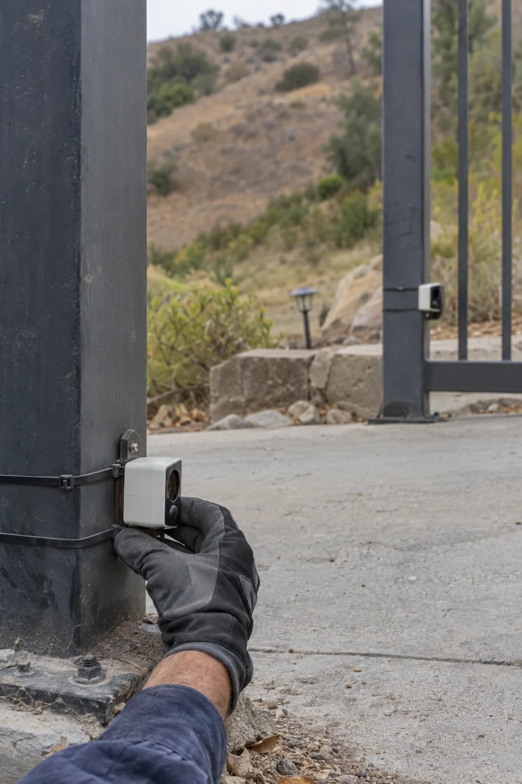 A gloved hand adjusting a small white photocell safety sensor mounted on a metal driveway gate post, with a concrete driveway and sun-bleached Southern California landscaping visible in the background