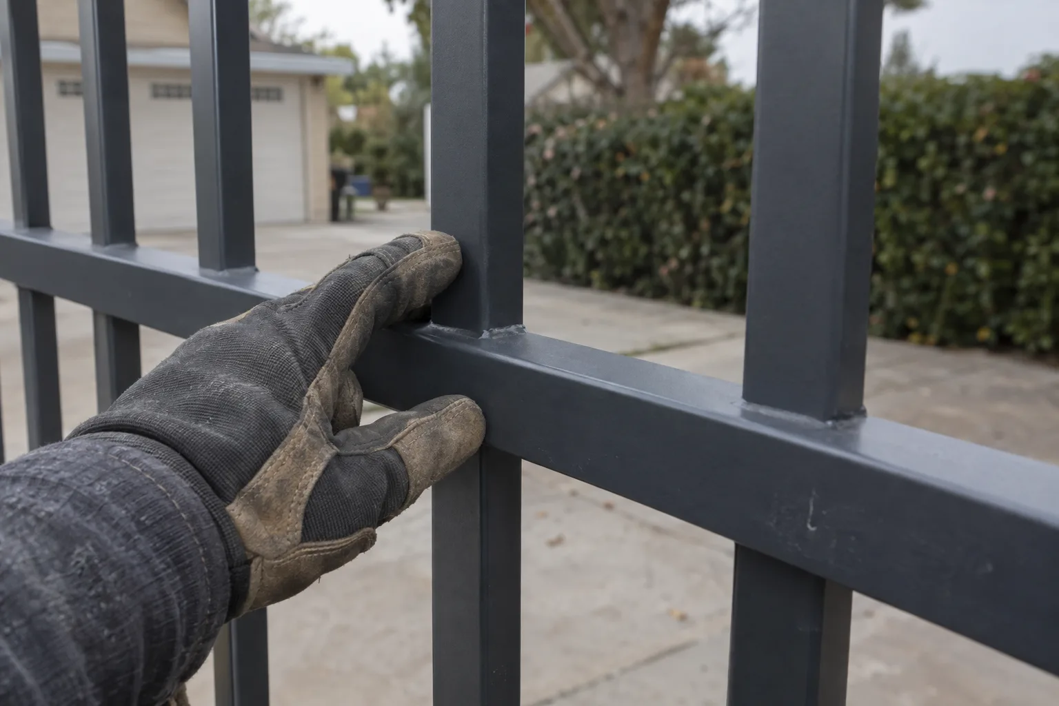 Close-up of a gloved hand inspecting the weld seam on a powder-coated aluminum fence picket and rail joint, with a blurred driveway and hedge in the background
