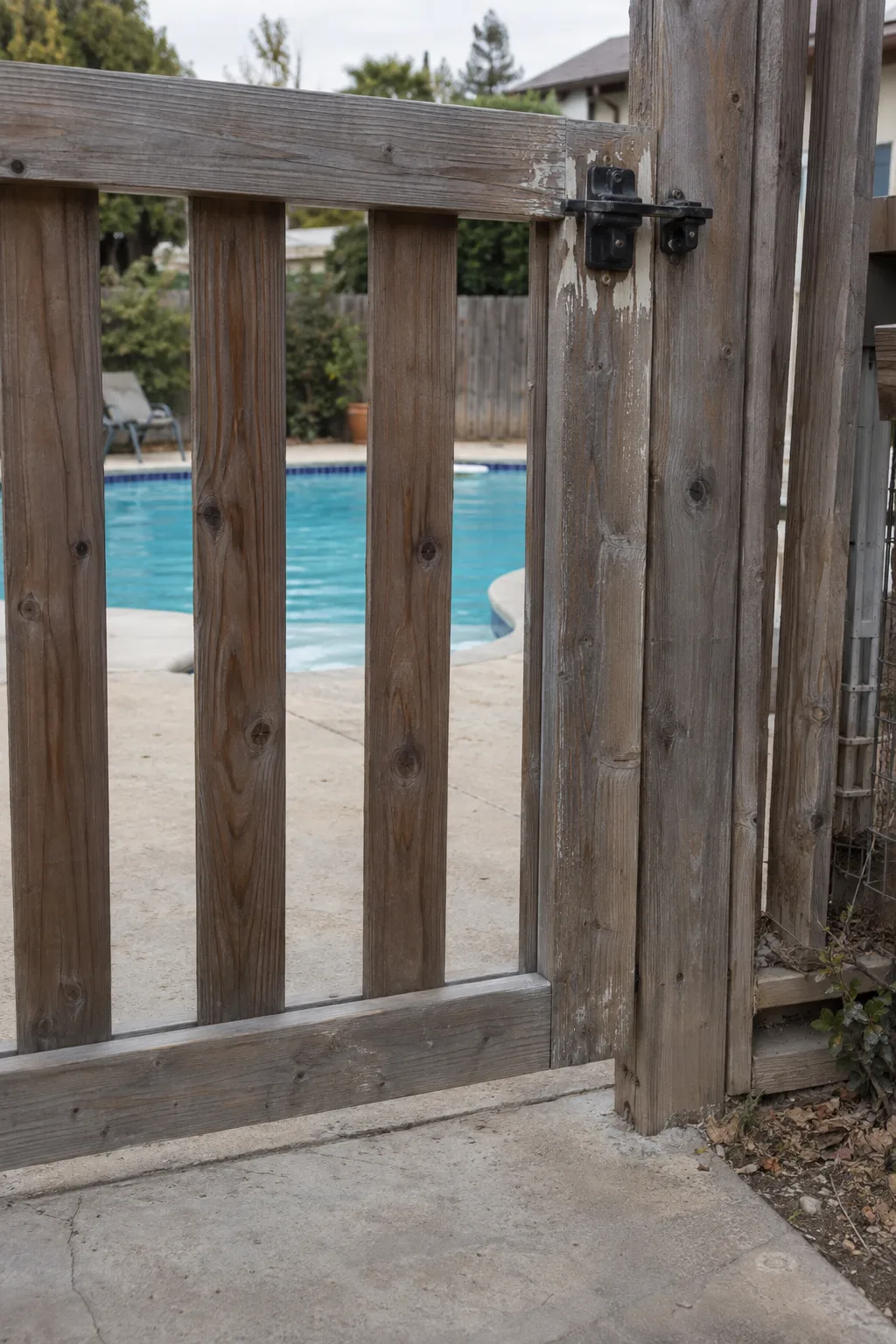 A weathered wood pool fence gate with a worn latch mechanism and a large gap between the bottom rail and the concrete pool deck, beside a residential backyard pool