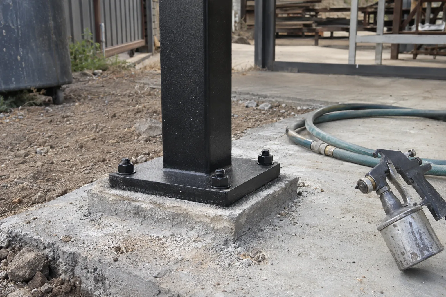 Powder-coated black steel fence post set into a concrete footing in an outdoor yard, with a coiled hose and spray coating gun resting on the concrete nearby under bright daylight