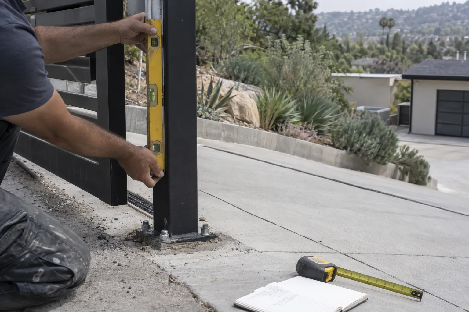 Hands holding a spirit level against a steel gate post at the base of a sloped concrete driveway, with a tape measure and open notebook resting on the driveway surface nearby