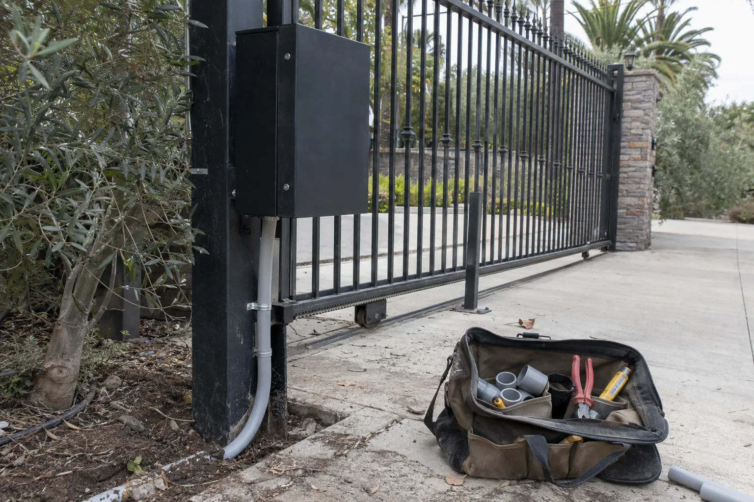 A gate operator control box mounted on a steel post next to a wrought iron sliding driveway gate, with electrical conduit running down to a ground trench and an open tool bag on the concrete beside it