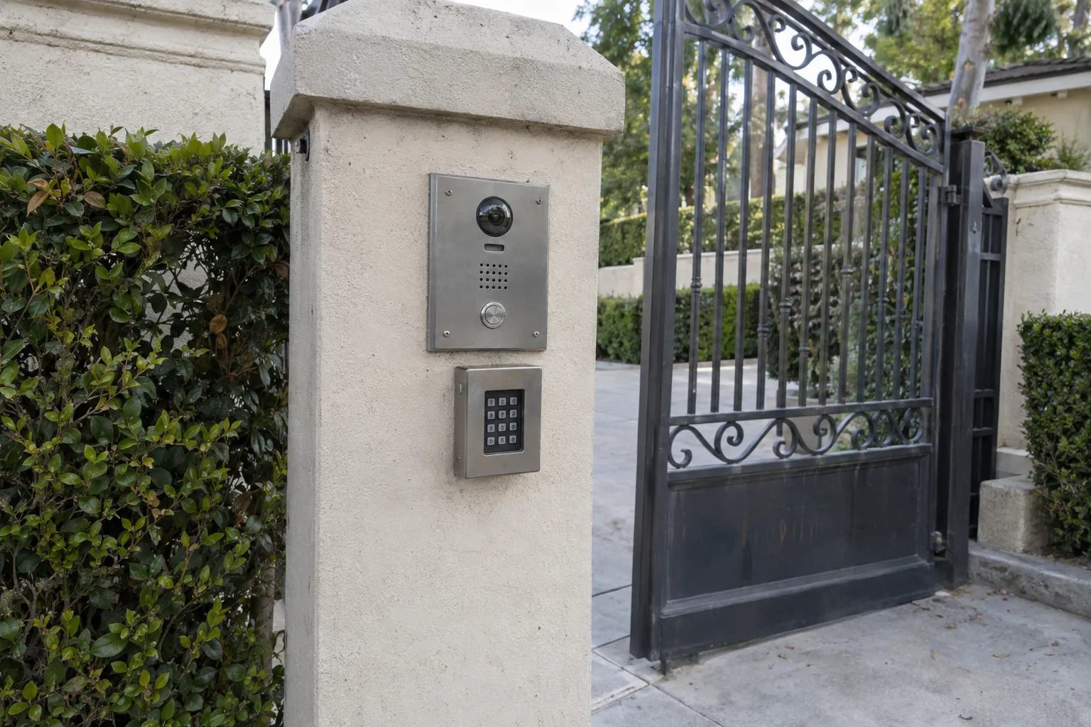 A video intercom panel and keypad mounted on a stucco driveway gate pillar, with a wrought iron gate behind it and a clipped hedge and stucco wall on either side, photographed in bright California morning light.