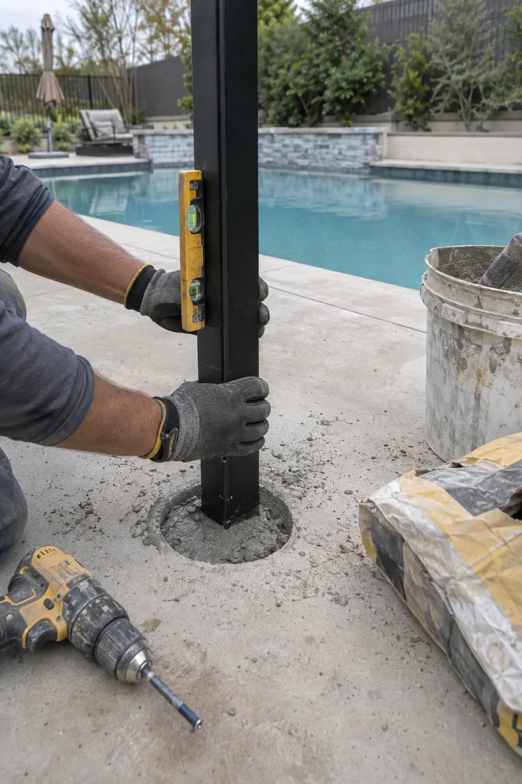 Gloved hands holding a black aluminum fence post plumb in a wet concrete footing beside a backyard pool, with a post level attached and hand tools staged on the nearby deck