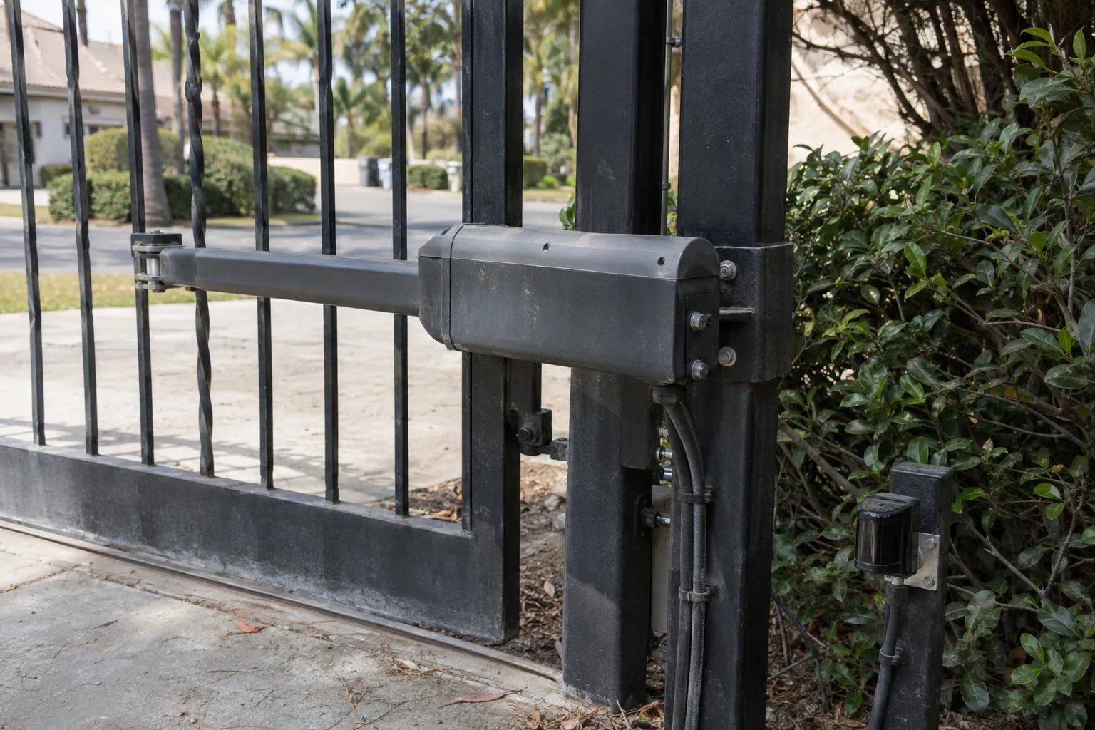 A residential automatic gate operator box mounted on a steel post beside a wrought iron driveway gate, with low-voltage wiring visible along the post and a small photocell safety sensor bracket-mounted on a nearby post, photographed in bright Southern California midday sunlight.