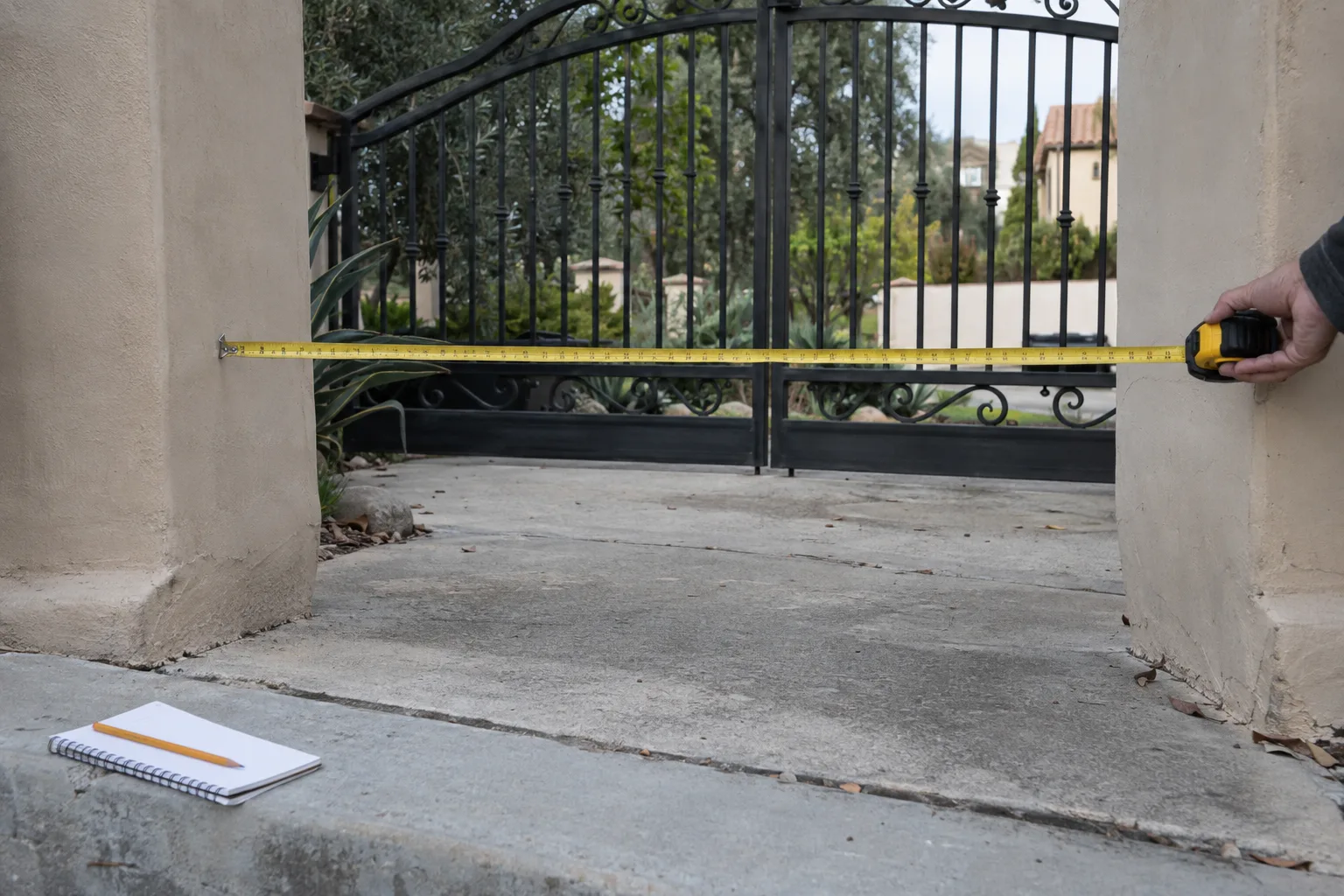 A tape measure stretched across a residential driveway opening between two stucco pillars, with a notebook and pencil resting on the kerb and a closed black wrought iron gate visible behind