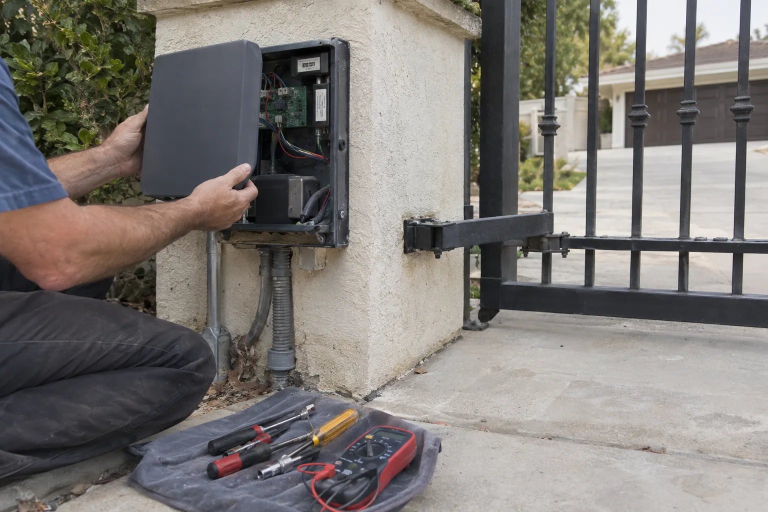 A technician's hands removing the housing panel of a gate operator mounted on a stucco driveway pillar, with tools laid on a cloth below and a wrought iron gate visible in the background