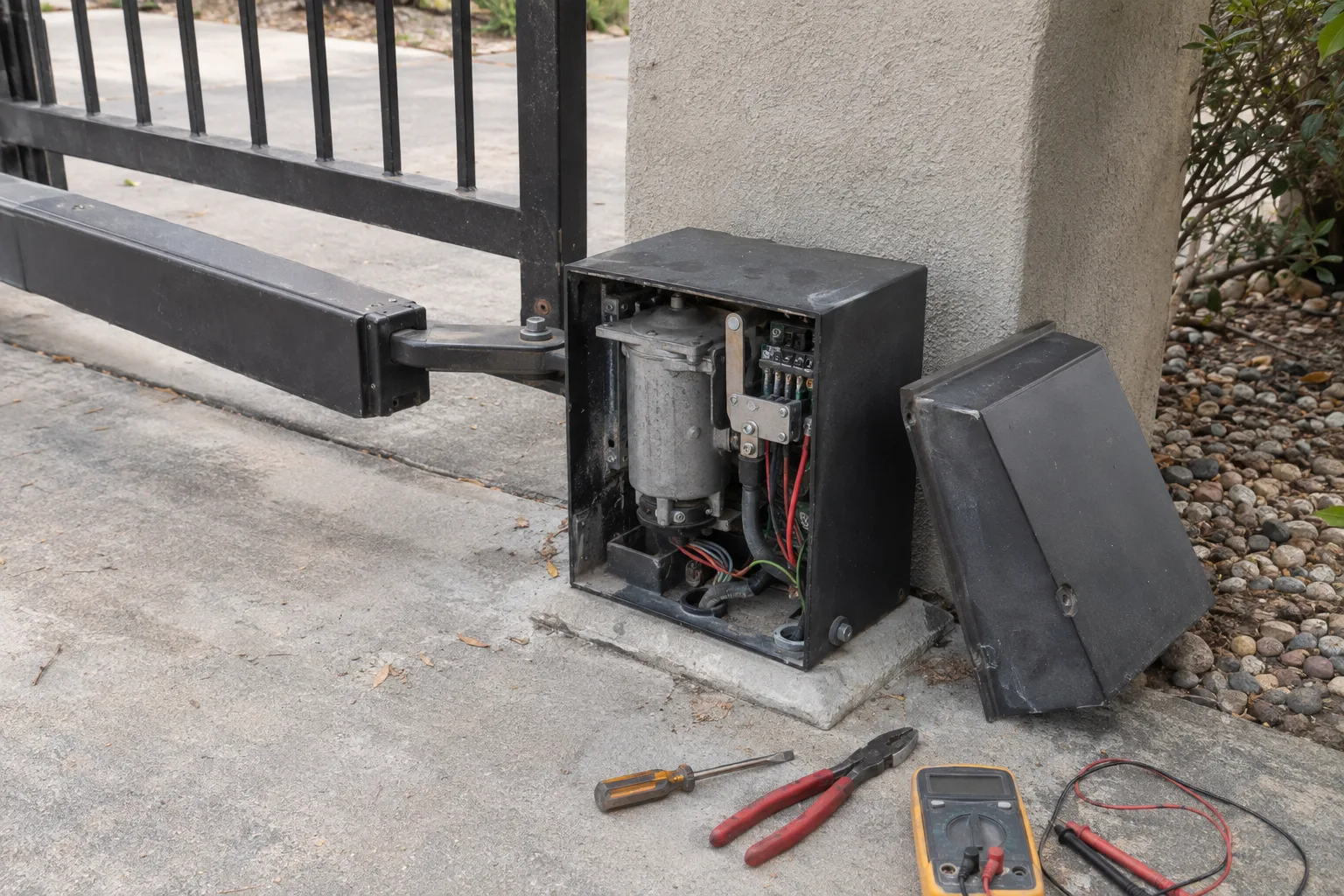 An open gate operator housing mounted at the base of a driveway gate post, showing internal wiring and a limit-switch assembly, with a screwdriver, pliers, and digital multimeter laid on the concrete beside it
