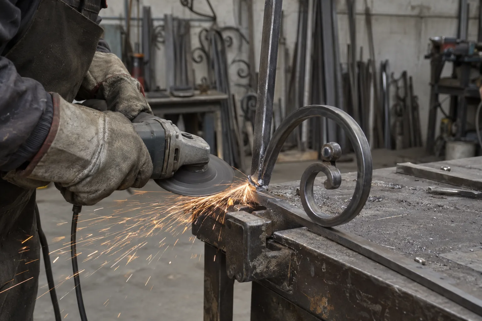 Gloved hands using an angle grinder to smooth a weld on a decorative iron scroll clamped to a fabrication bench, with sparks flying in a metal shop