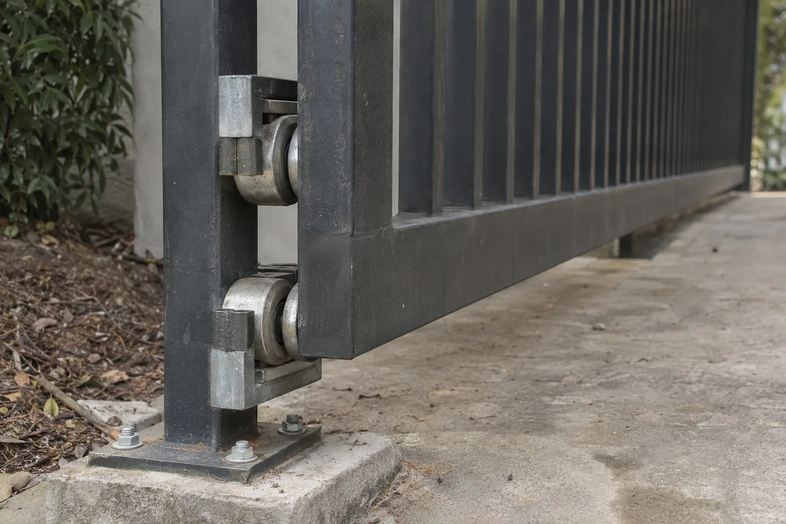 Close-up of a cantilever sliding gate's roller carriage mounted on a square steel post, with the gate leaf suspended above the concrete driveway and no bottom track present