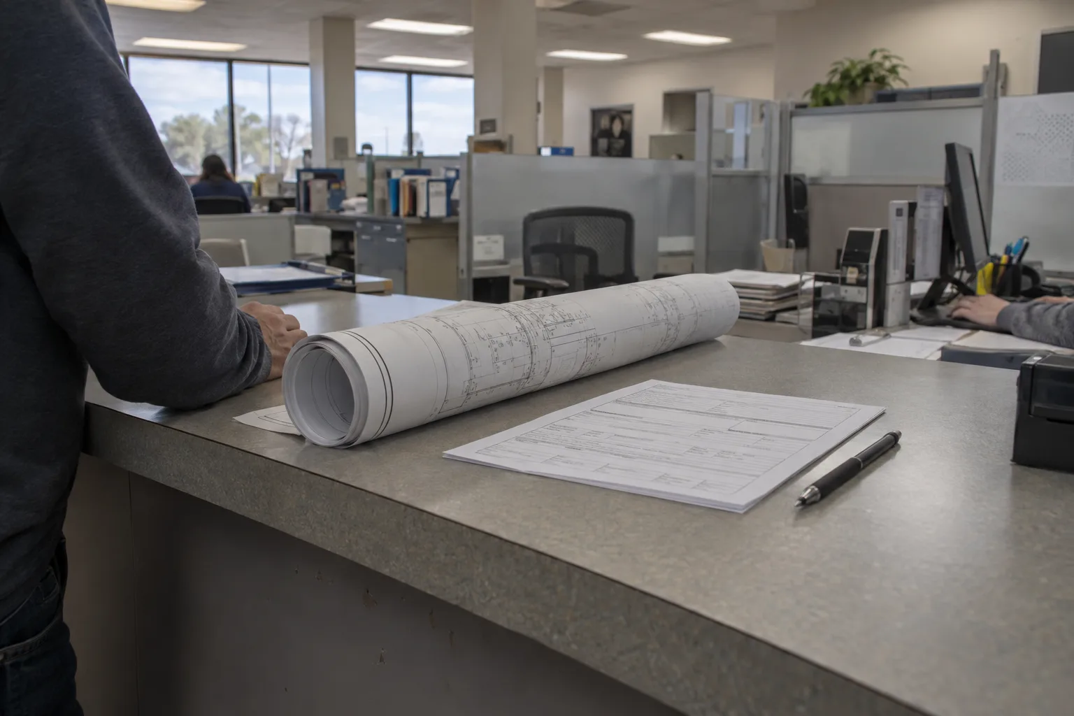 A municipal building and safety permit counter with a rolled site plan and a paper permit application form resting on the surface, daylight coming through nearby windows in a plain government office setting