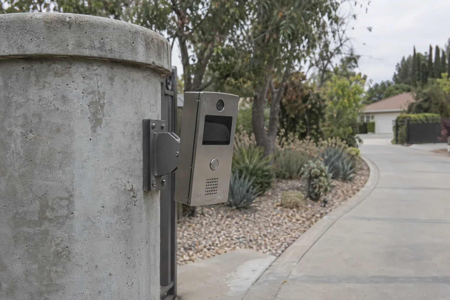 A video intercom unit on an angled mounting bracket attached to a round gate pillar, tilted to face a curving residential driveway, with California native landscaping and a sunny suburban setting in the background.
