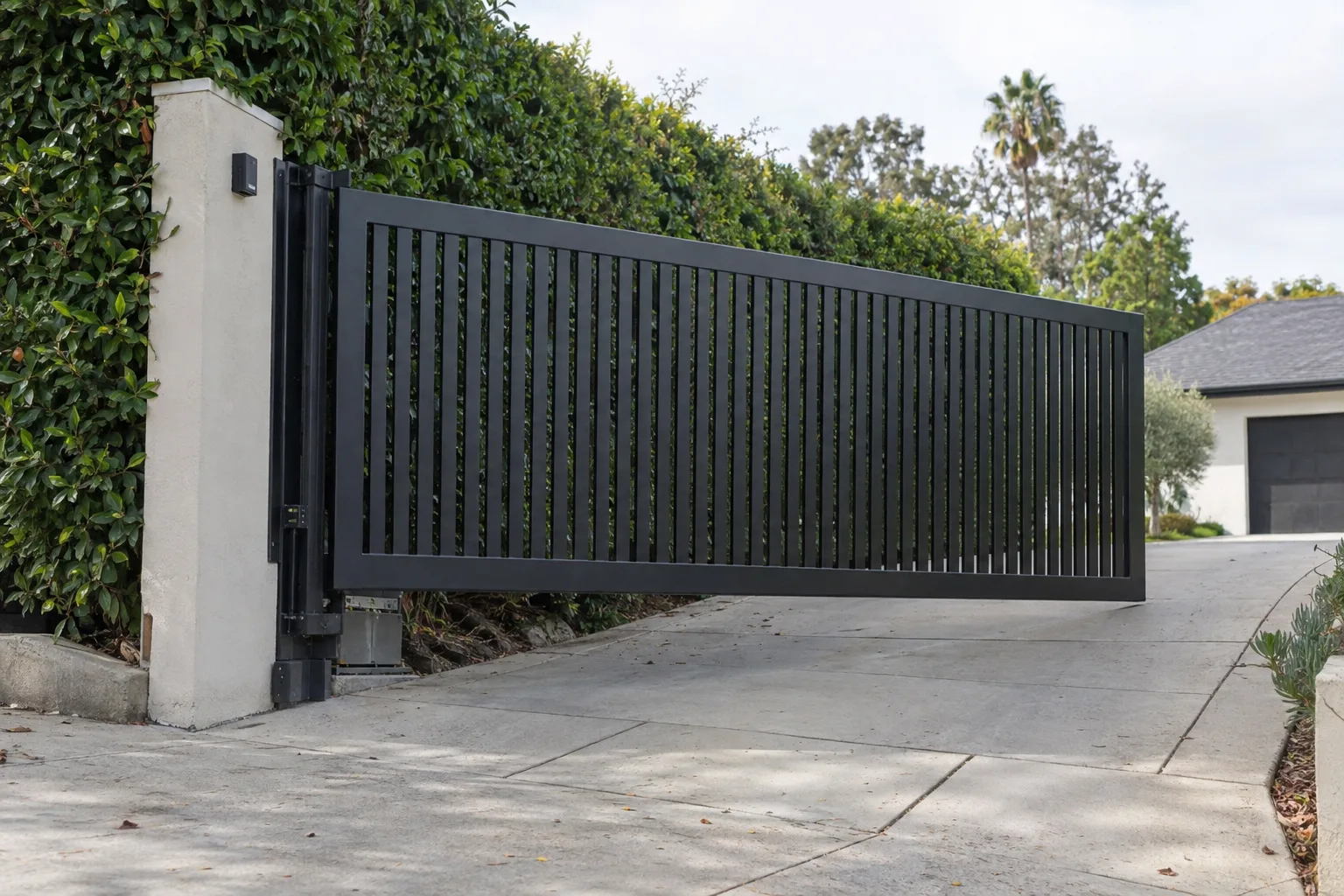 A black steel cantilever sliding driveway gate partially open above a sloped concrete driveway, with a white stucco pillar and green hedge alongside, photographed in bright Southern California daylight