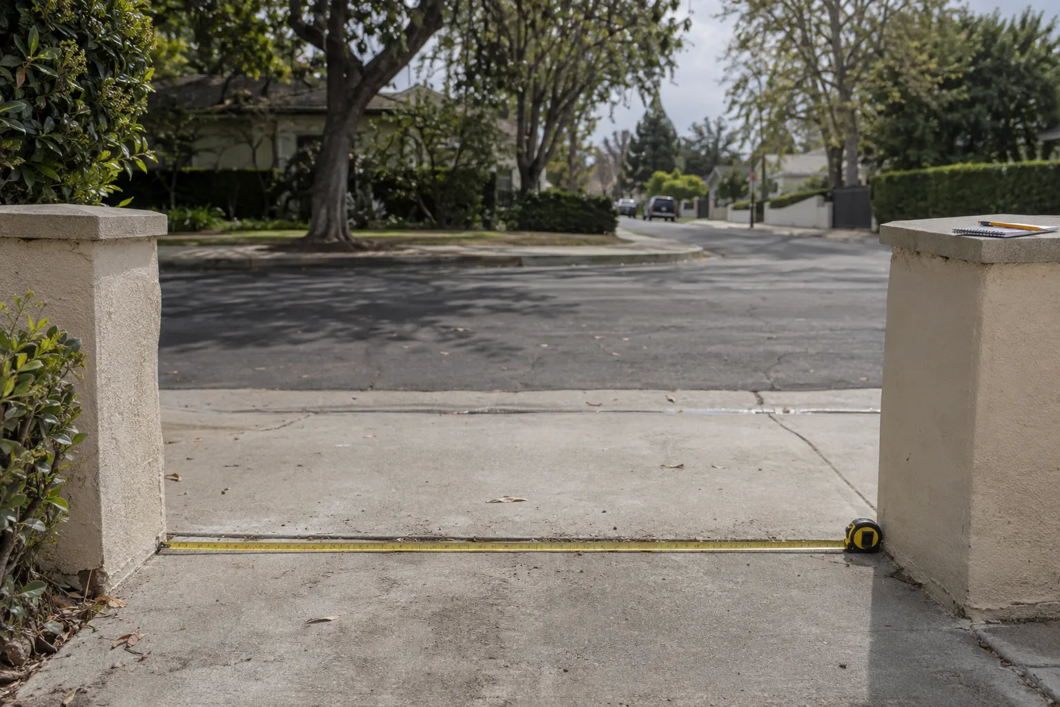 A tape measure stretched across the base of a driveway opening between two stucco gate pilasters, with a notepad and pencil resting on the right pilaster, on a sunny suburban street
