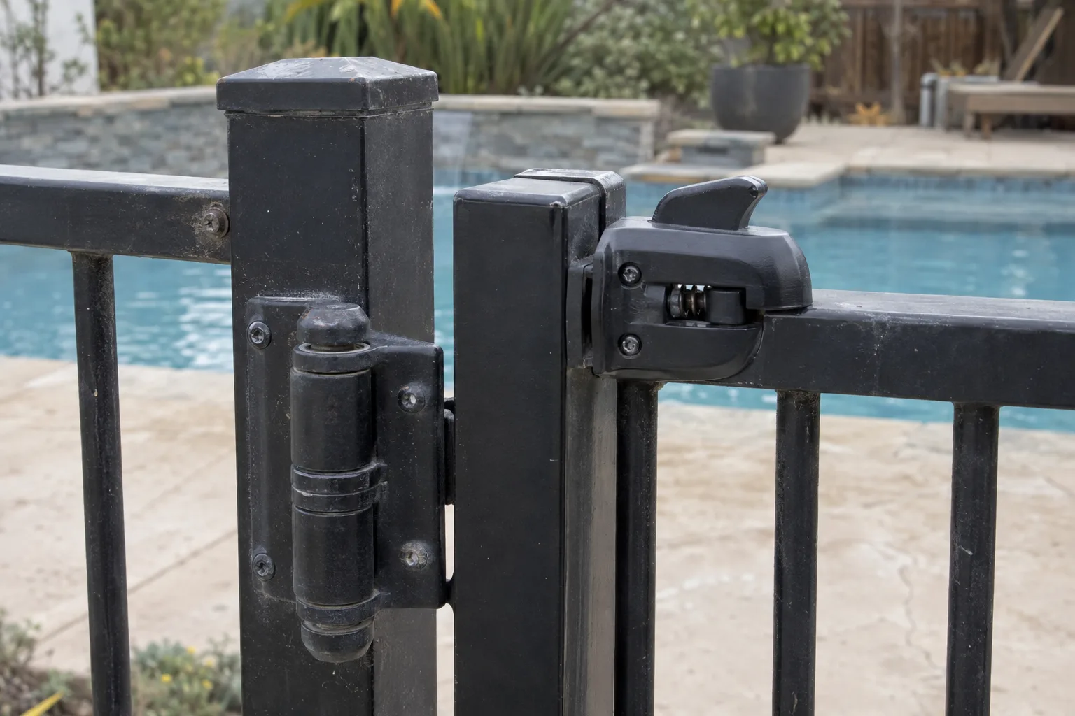 Close-up of a self-latching gate latch mounted high on the pool side of a black aluminum pool fence gate, with the gate hinge visible on the opposite side and a blurred pool patio in the background