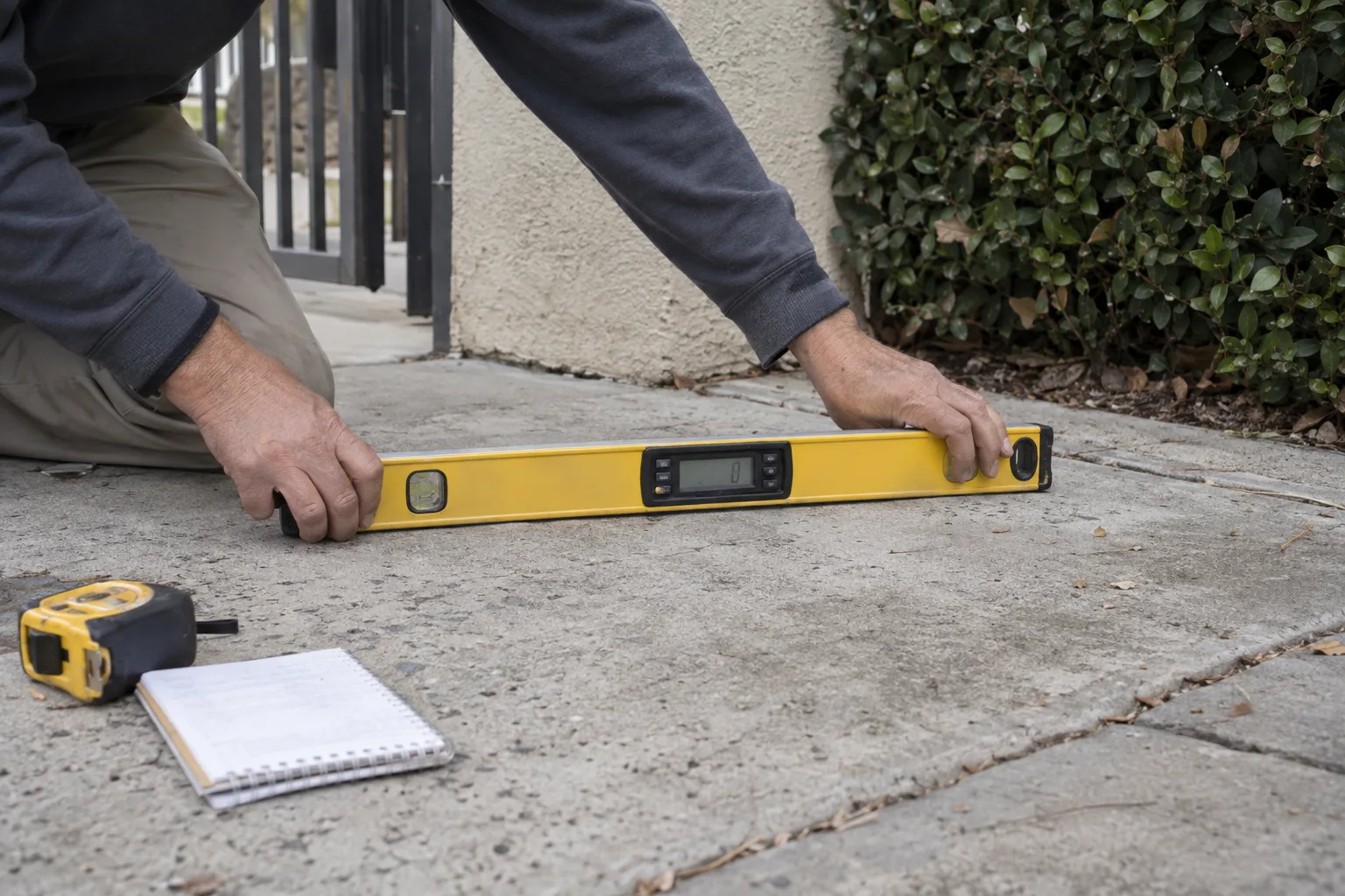 Close view of hands pressing a digital level against a sloped concrete driveway near a stucco wall and hedge, with a tape measure and notepad lying on the ground beside it