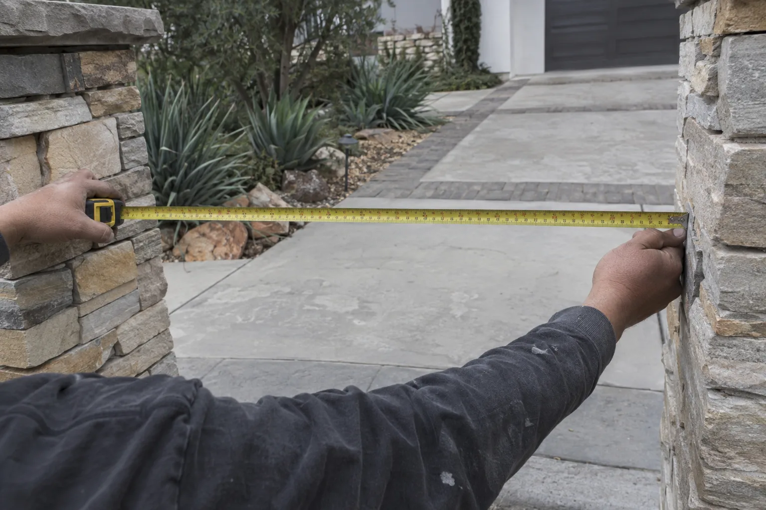 A worker's hands stretching a tape measure between two stone gate pillars to record the entry width of a residential driveway on a bright overcast day