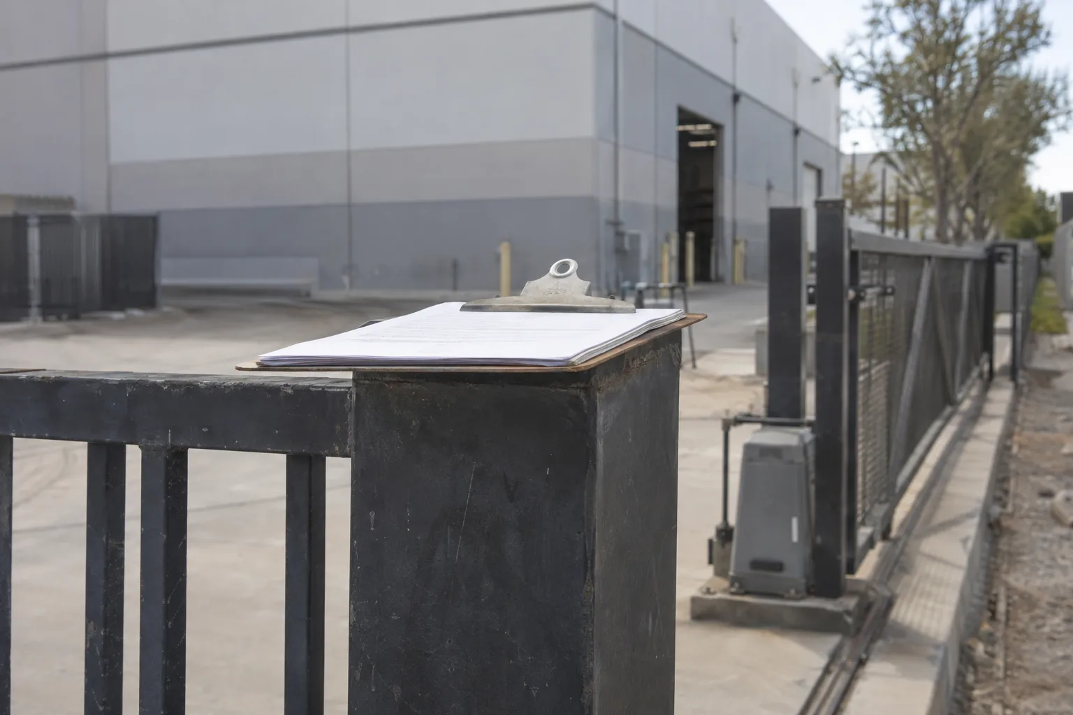 A clipboard with a printed document balanced on a steel fence post at a commercial property, with blurred gate hardware and an industrial building in the background under bright daylight