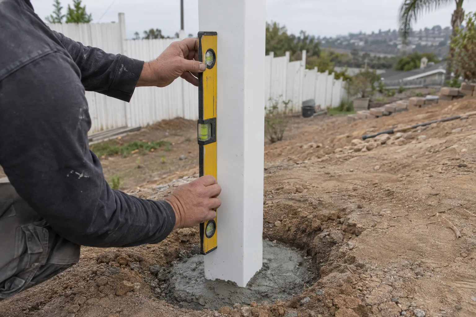 A worker's hands pressing a spirit level against a white vinyl fence post set in a concrete footing, with sandy soil around the base and a gently sloping suburban backyard behind.