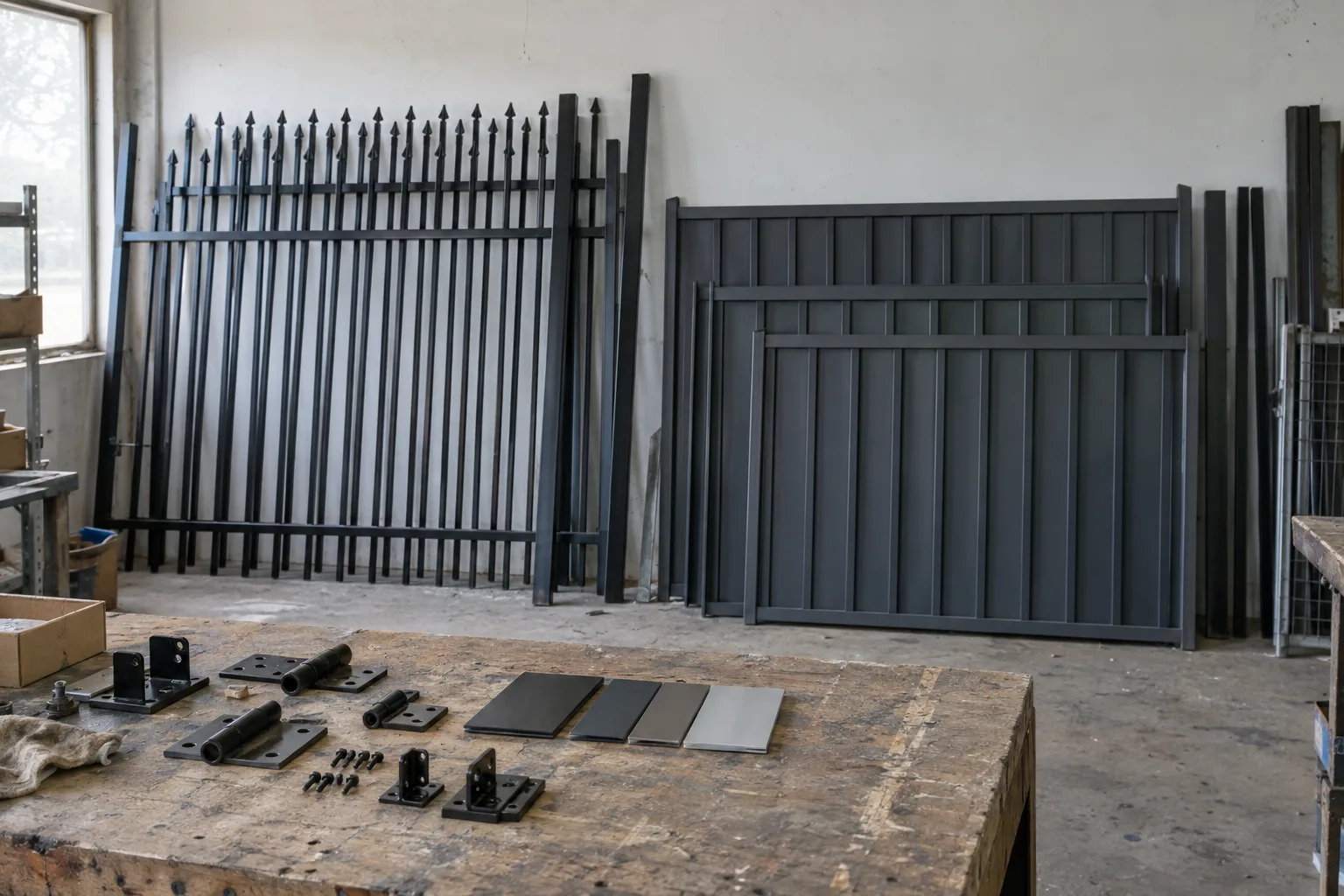 Iron picket fence sections and aluminum fence panels standing against a workshop wall, with hardware samples and finish swatches laid out on a workbench in natural daylight