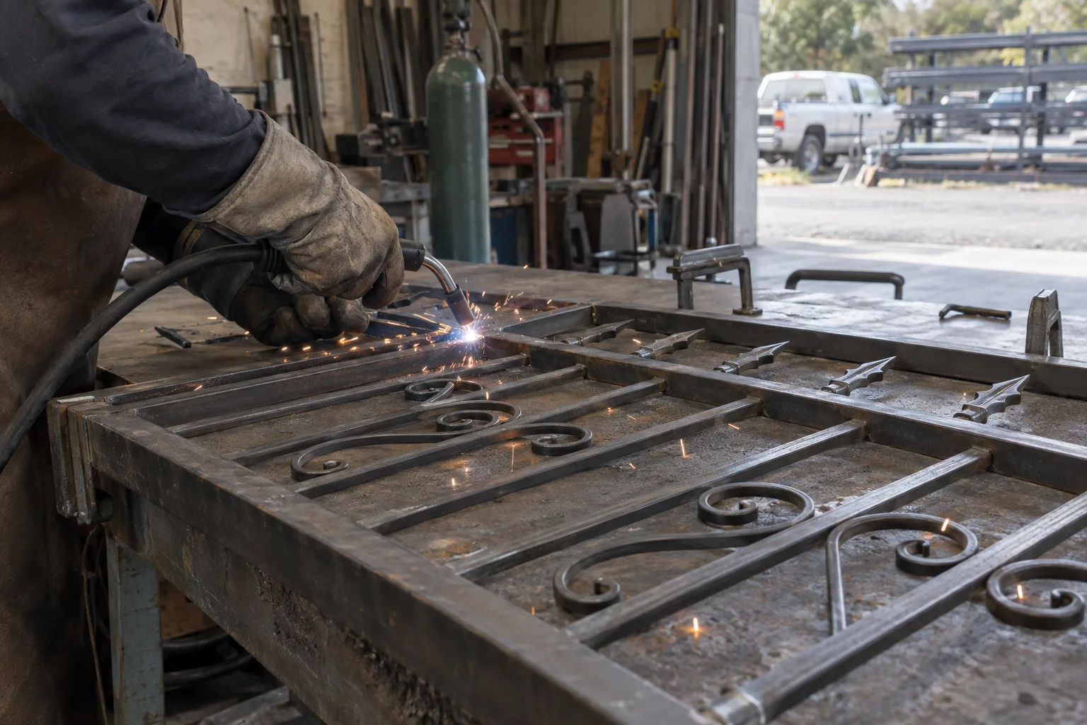 Gloved hands welding a tubular steel ornamental fence panel on a shop workbench, with scroll pieces and spear finials clamped in place and sparks flying, natural daylight entering through an open roll-up door